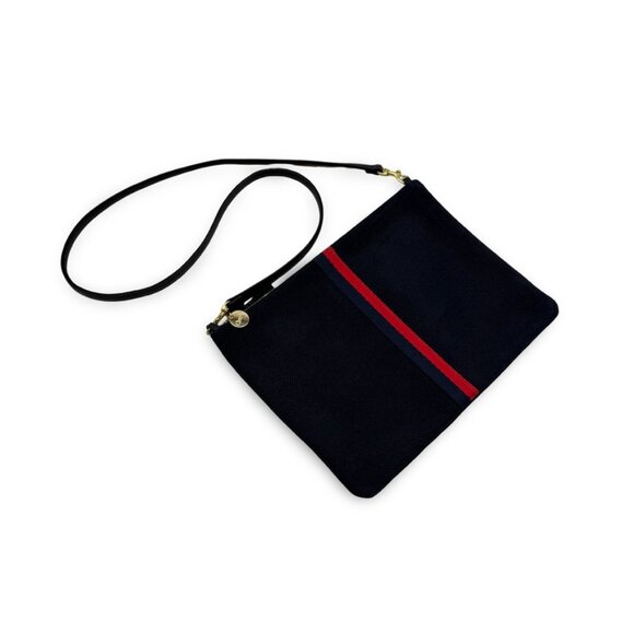 Clare V. Sac Bretelle Navy Perforated Suede w Stripes Crossbody Bag - Picture 2 of 8